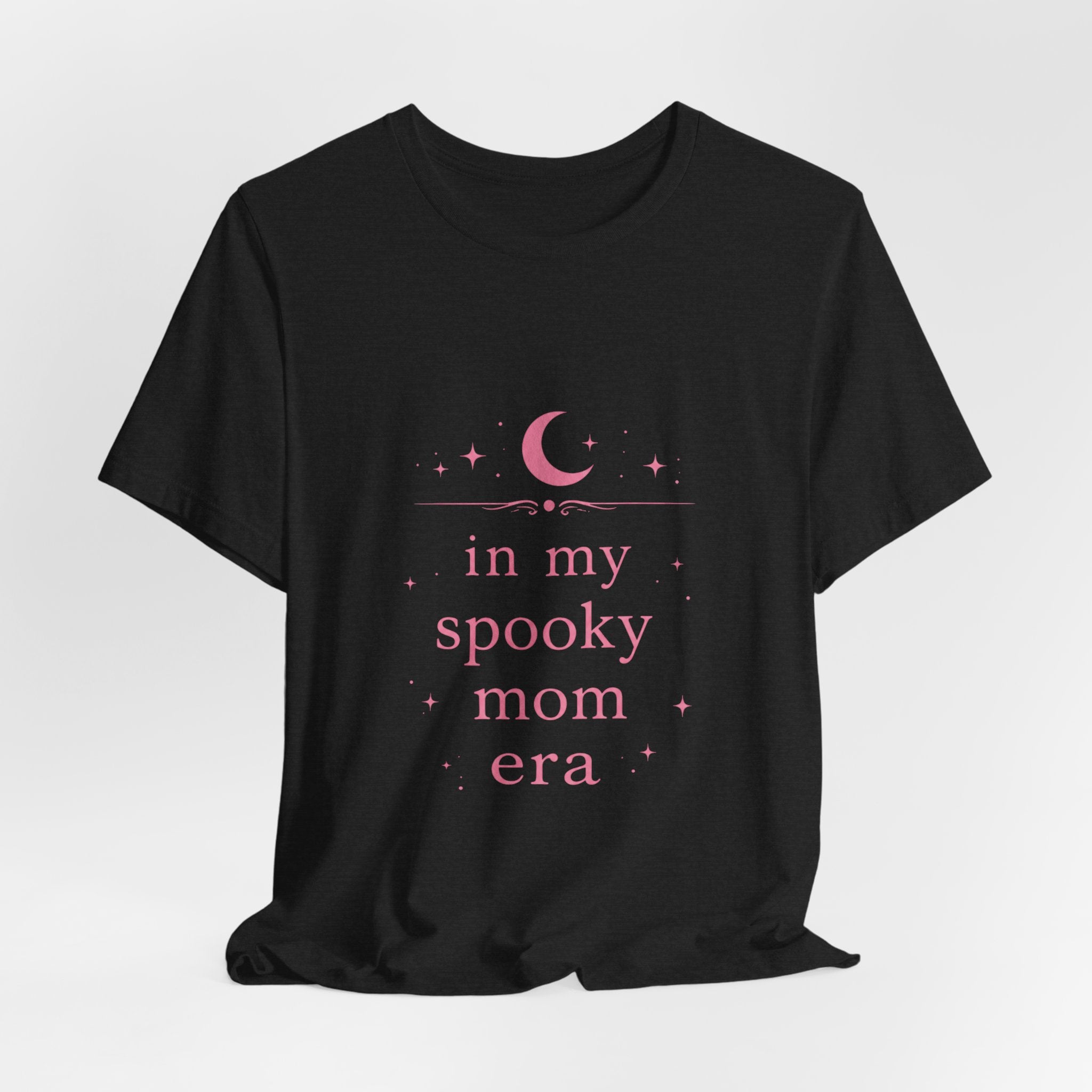 spooky mom era T-Shirt | moon and stars, pastel pink text