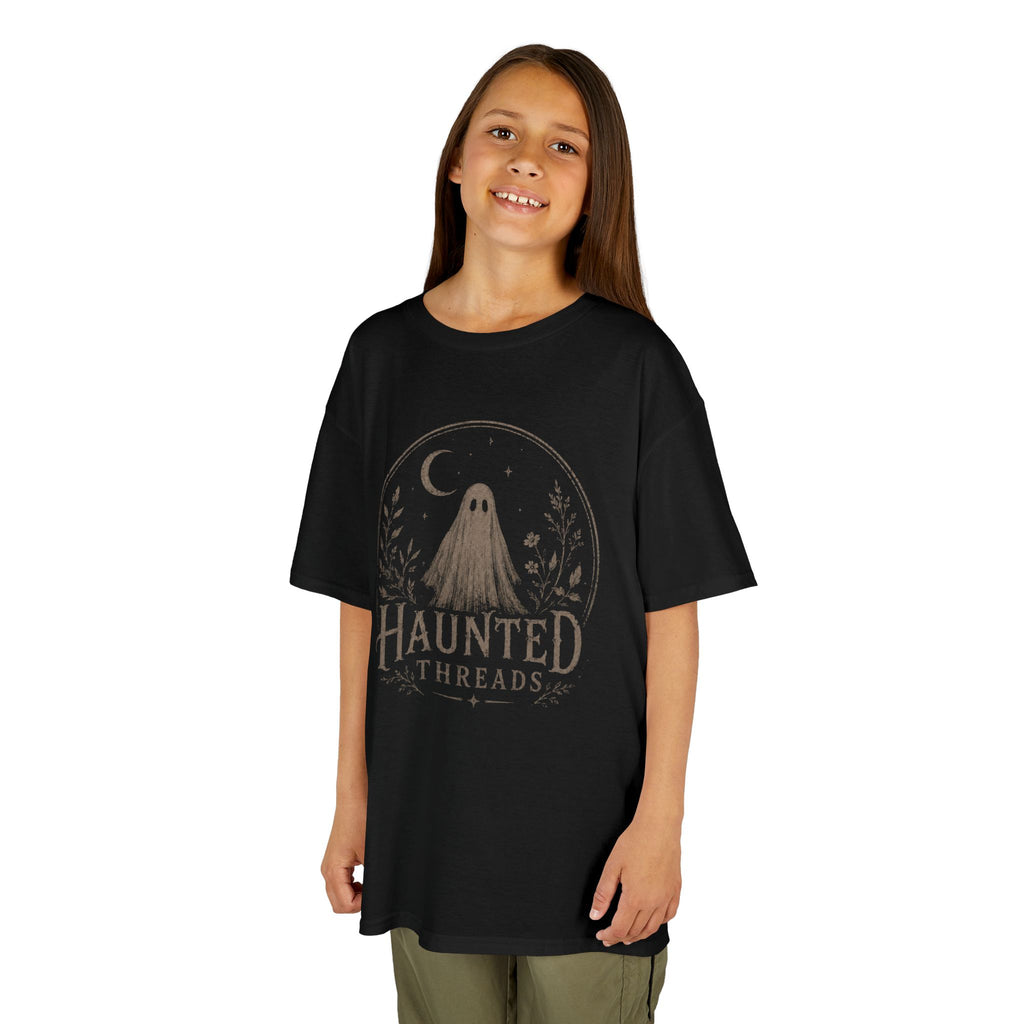 Kids T‑Shirt — Haunted Threads Ghost Design (“For the Tiny & Unusual”) — Halloween Kids Tee