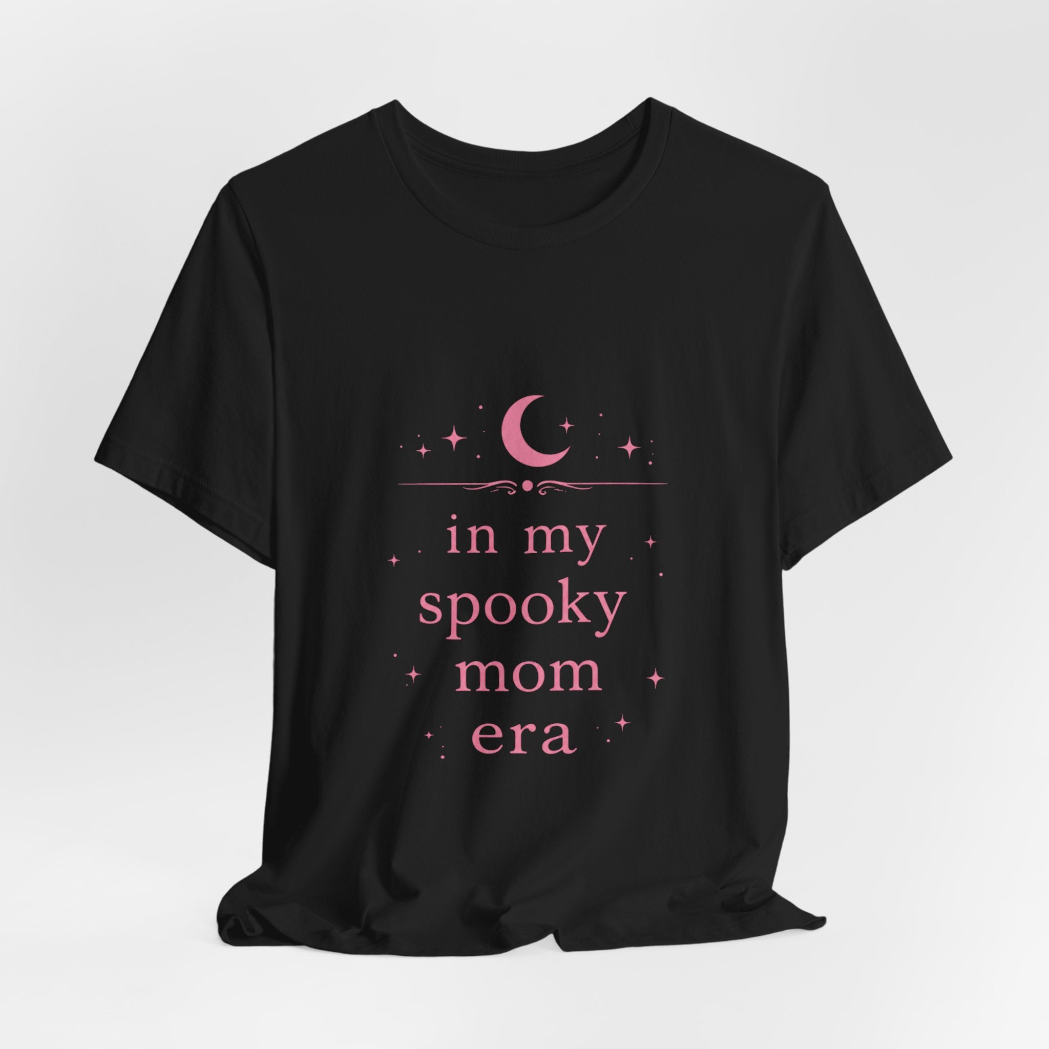 spooky mom era T-Shirt | moon and stars, pastel pink text